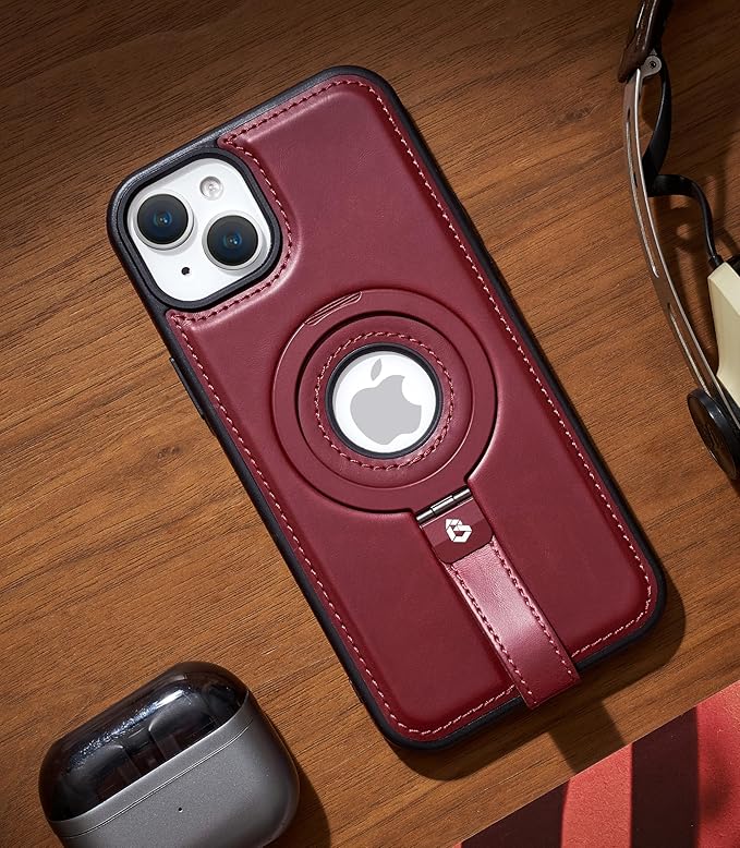Butaiga for iPhone 15 Plus/iPhone 14 Plus Leather Case with Stand, Anti-Slip Grip Ring, Fits for MagSafe (Burgundy, iPhone 15/14 Plus)