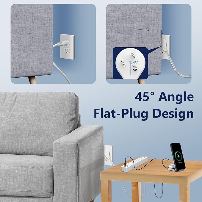 LIDER Outlet Extender with 4 Receptacles, USB Type-A and 2 USB Type-C, Ultra-Thin Flat-Plug, 4-Outlet Power Strip, 45 Degree Angle, Surge Protector, 1500 Joules, 5ft Cord, UL-Listed, White, 2 Pack