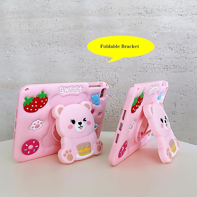 3D Cute Bear Case for iPad 9th/8th/7th 10.2 inch/Air 3 2019/Pro 10.5 inch,Kawaii Cartoon Pretty Sweet Bear Soft Silicone Foldable Stand Case with Lanyard for Kids Teens Girls Women