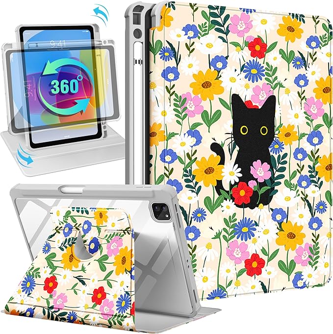 Uppuppy for iPad Air 13 inch Case(Air M4 2026/M3 2025/M2 2024), for iPad Pro 12.9 Case(6th/5th/4th/3rd/2nd/1st Gen) - 360 Rotating Smart Folio Cover with Pencil Holder for Women Girls, Cat & Flowers