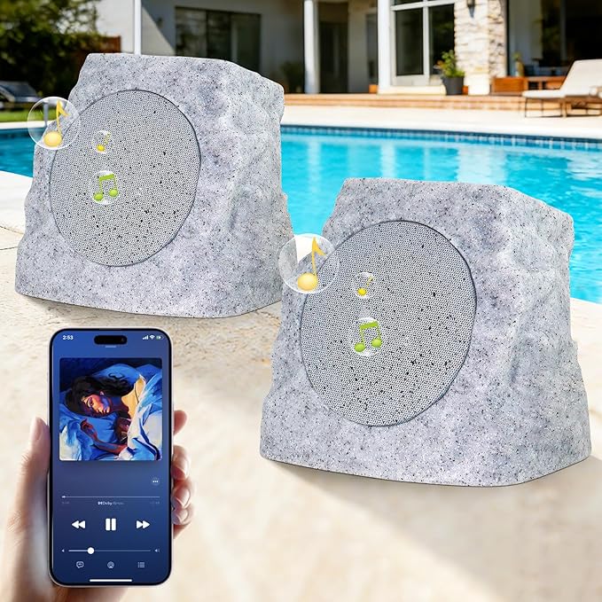 uuffoo 2-Pack Rock Speakers Outdoor Waterproof with RGB Color Lights Multi-Sync Up to 100 Speakers,Auto-Pairing,Solar-Powered and USB Charging for Patio Pool Party Yard Garden Outside