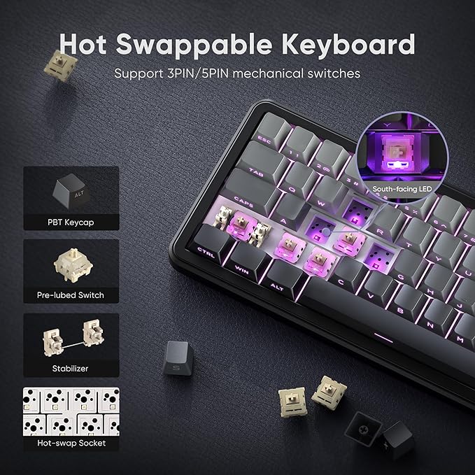 RedThunder K65 Wireless Mechanical Gaming Keyboard, Trip-Modes Connection, Gasket Custom Hot-Swap Keyboard, RGB Backlit, Pre-lubed Linear Switches, Side Engraved PBT Keycaps, Gradient Gray