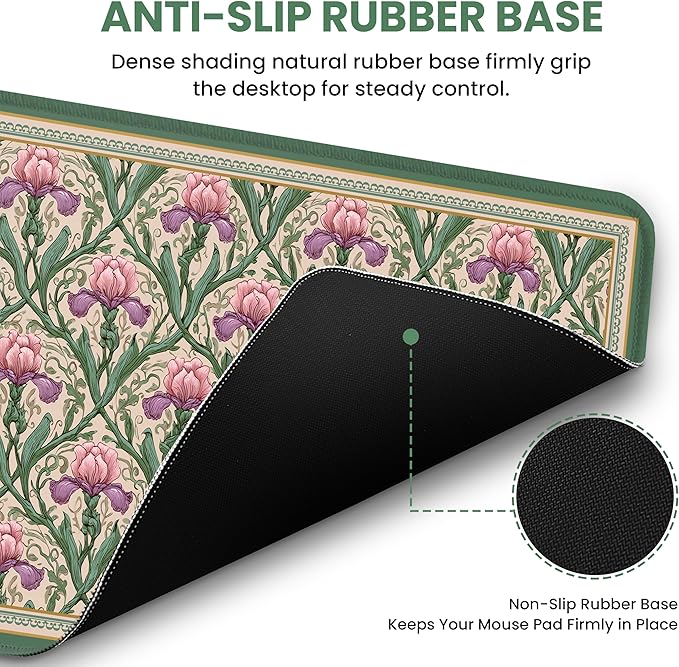 Large Mouse Pad for Desktop, Cute Desk Mat Pad Protector for Work & Gaming, Aesthetic Pretty Anti-Slip Laptop Blotter Cover for Office School Home Supplies, Blush Iris Garden, 31.5" x 11.8"