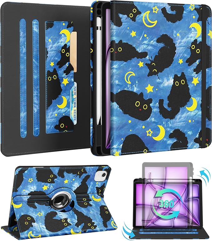 Kidcube for iPad Air 13 Inch Case (M3/M2)/for iPad Pro 12.9 Cases 6th/5th (2022/2021) - Women Girls Cute Rotating Stand Folio Cover with Pencil Holder & Card Slot Design Girly Cat Stars Blue Cover