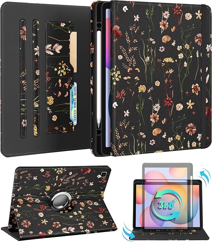 Kidcube for Samsung Galaxy Tab S6 Lite Case 10.4 Inch 2024/2022/2020 - Women Girls Cute Rotating Stand Folio Cover with Pencil Holder & Card Slot Flowers Floral Unique Design Cases for Tab S6 Lite