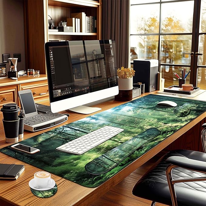 4-Piece Extended Large Mouse Pad Set for Women Men with Green Forest Design Includes 35.4 x 15.7 XXL Large Mouse Pad Keyboard Wrist Rest Mouse Wrist Support and Coaster for Office Home
