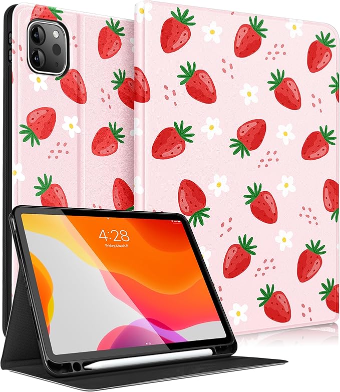 Uppuppy for iPad Air 11 inch (M2/M3) Case, Air 5th/4th Generation 10.9, Pro 11'' Case Cute Kids Women Girls Girly Strawberry Pencil Holder Cover for iPad Air 11 2024/2025, 10.9 2022 2020, Pro 11