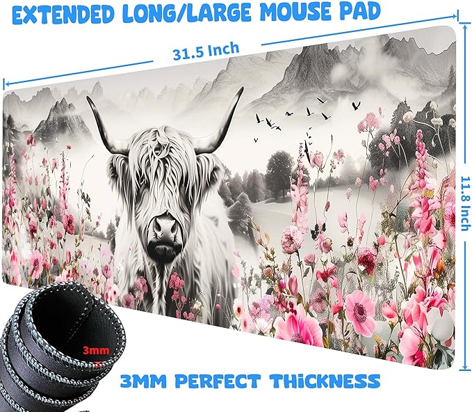 Highland Cow Mouse Pad, Extended Large Desk Pad with Stitched Edges 31.5 x 11.8 Mousepad Desk Mat for Desktop Decor and Accessories Workplace Home XXL Desk Pad for Gaming Office Big Mousepad