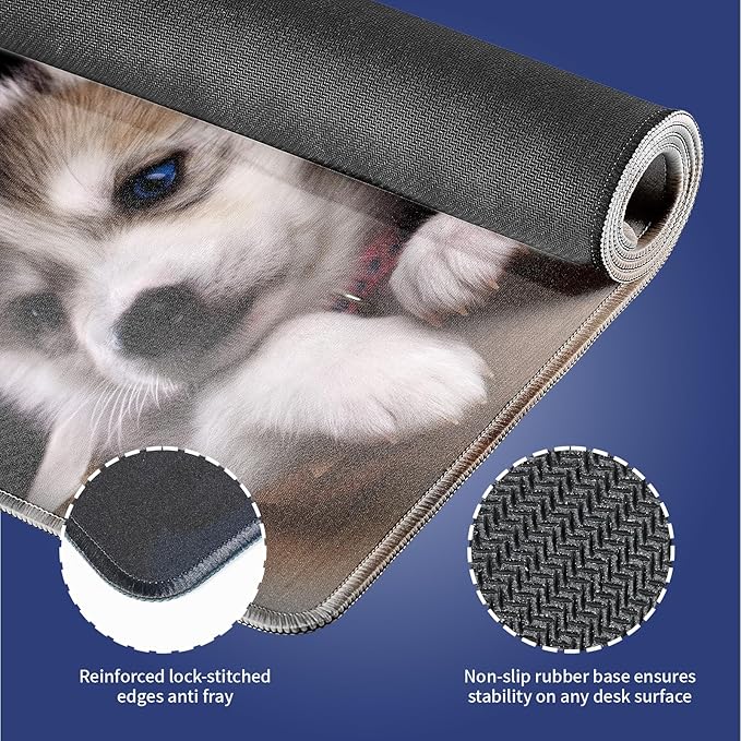 Extra Large Gaming Mouse Pad (31.5" x 11.8") with Durable Stitched Edges – Adorable Siberian Husky Puppies in Wooden Crate, Anti-Slip Rubber Base & Smooth Fabric Surface Extended XXL Desk Mat