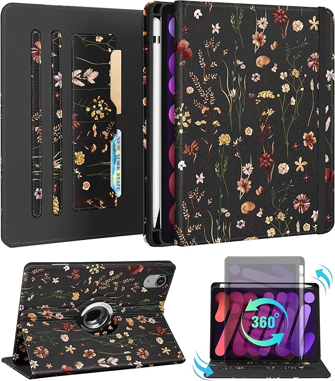 Kidcube for iPad mini 7 Case A17 Pro 2024, for iPad mini 6th Generation Case 8.3 Inch - Women Girls Cute Rotating Stand Folio Cover with Pencil Holder & Card Slot Girly Flowers Floral Unique Cover