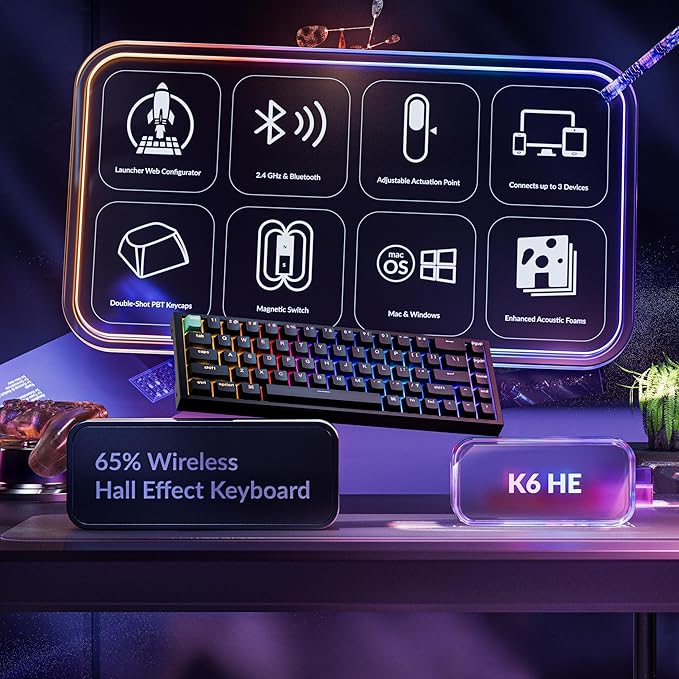 Keychron K6 HE Hall Effect Magnetic Keyboard, 65% Wireless Gaming Keyboard, 1000Hz 2.4GHz & Bluetooth, Adjustable Actuation & Rapid Trigger, Double-Shot PBT, Aluminum/Wood Frame, for Mac Windows