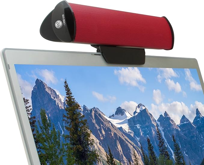 GOgroove SonaVERSE USB Speakers for Laptop Computer - USB Powered Mini Sound Bar with Clip-On Portable External Speaker Design for Monitor, One Cable for Digital Audio Input and Power (Red)