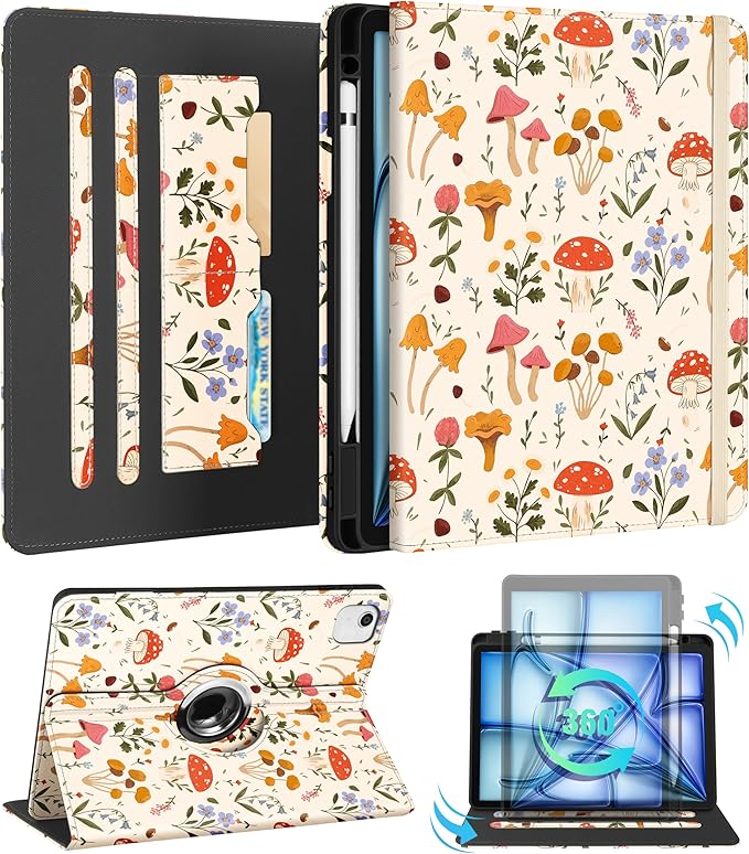 Kidcube for iPad Air 11 Inch Case M3/M2, Air 5th/4th Generation Cases 10.9'', Pro 11'' 2020 - Women Girl Aesthetic Cute Rotating Stand Folio Cover with Pencil Holder & Card Slot Mushroom Flowers