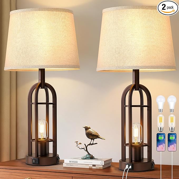 SRJJA Table Lamps for Living Room End Table Set of 2 - Farmhouse Industrial Bedside Lamps for Bedroom Nightstand with Nightlight and USB A+C, 4 Bulbs Included