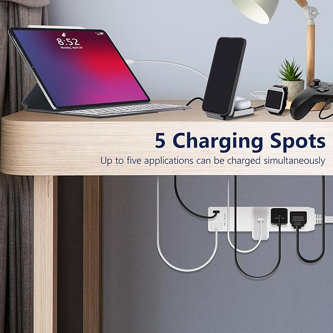LIDER Outlet Extender with 3 Receptacles, 12W USB Type-A, and USB Type-C, USB Port, Ultra-Thin Wall Plate Plug with Cord Extender, 3-Outlet Power Strip, Flat-Face, ETL-Listed, 3ft Cord, White, 2 Pack