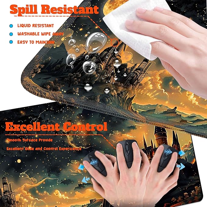 4-Piece Extended Large Mouse Pad Set for Women Men with Castle Night Design Includes 35.4 x 15.7 XXL Large Mouse Pad Keyboard Wrist Rest Mouse Wrist Support and Coaster for Office Home