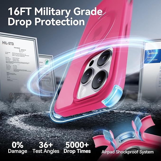 CASEKOO Ultra-Magnetic Stand for iPhone 16 Pro Case [Military Drop Protection] [Compatible with MagSafe] Shockproof Translucent Matte Slim Ring Holder Case for iPhone 16 Pro 6.3", Hot Pink