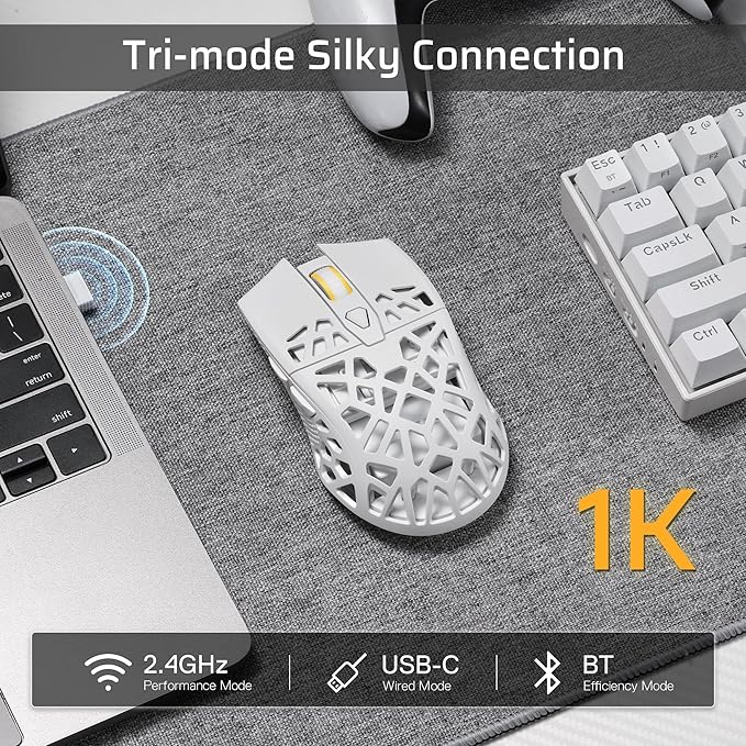LTC GM023 Tri-Mode Wireless Gaming Mouse, 79g Ultra-Light Honeycomb Ergonomic Gaming Mouse, 2.4Ghz/BT/Wired, 6-Level DPI 8000, 6 Programmable Buttons, Pro Software