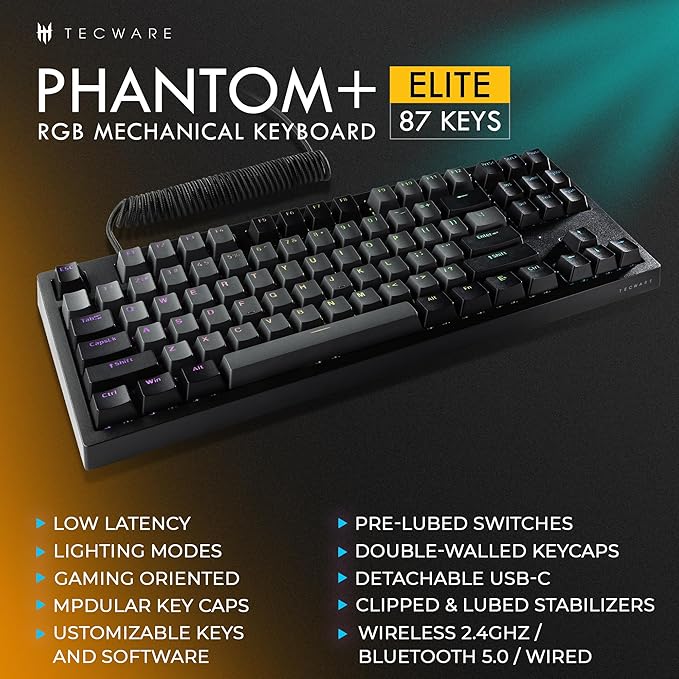 TECWARE Phantom+ Elite 87 Key RGB Mechanical Gaming Keyboard | 3 Mode Wireless Bluetooth 5.0 2.4GHz & USB C Wired | Hot Swappable 5 Pin | Double Shot PBT Keycaps | Wraith Pink Switch - Black