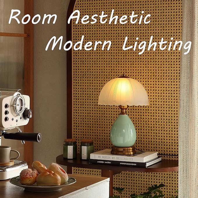 Glivpny Vintage Lamp for Living Room,16" Modern Ceramic Table Lamps for Bedroom,Retro Bedside Nightstand Traditional Lamps, Classic Chinoiserie Green Lamp for Home Decor (LD001)