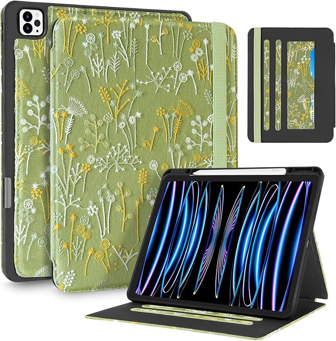 Uppuppy for iPad Air 13 Inch Case M3 2025/M2 2024, for iPad Pro 12.9 Case 6th/5th/4th/3rd Gen- Women Girls Cute Embroidered Folio Stand Cover with Pencil Holder & Card Slot Design Girly Kawaii Plants
