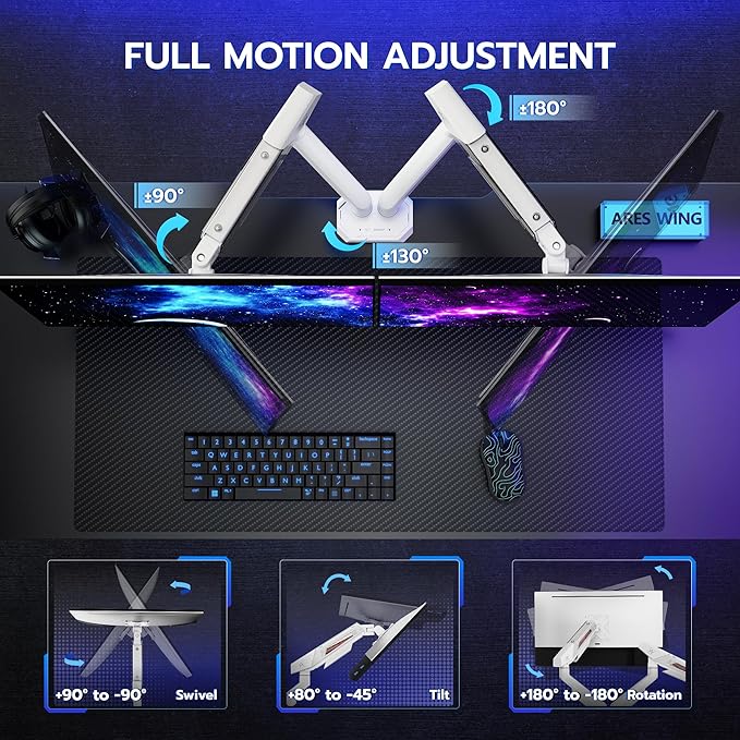 ARES WING Heavy Duty Dual Monitor Arm, Fully Adjustable Monitor Mount for 17-35 Inch Flat Curved Ultrawide Screens Up to 26.5lbs with USB A/C, C-Clamp & Grommet Base, 75/100 Vesa Mount, White