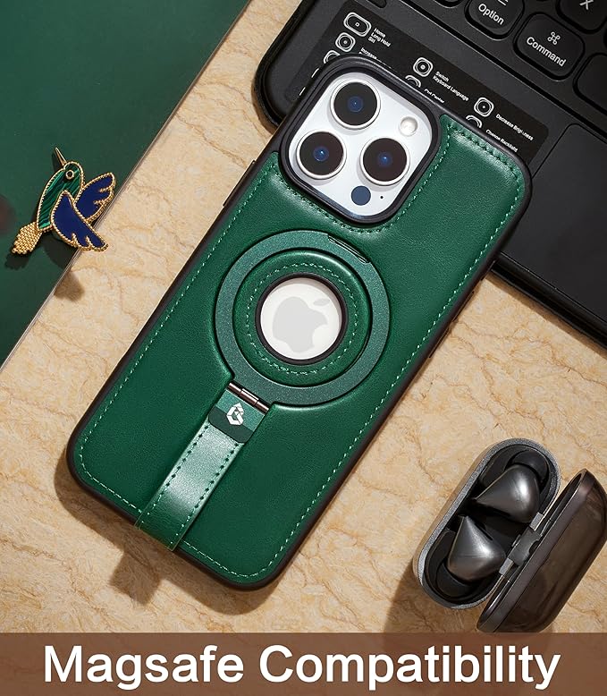 Butaiga for iPhone 16 Pro Max Leather Case with Stand, Anti-Slip Grip Ring, Fits for MagSafe (Green, iPhone 16 Pro Max)