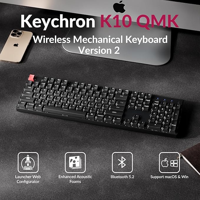 Keychron K10 Version 2 Full Size 104 Keys Bluetooth Wireless Mechanical Gaming Keyboard for Mac Windows Super Red Switch White LED Backlight/USB C Wired Computer Keyboard
