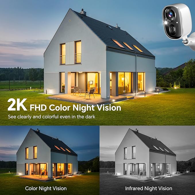 Security Camera Wireless Outdoor 2K Battery Powered Color Night Vision WiFi Waterproof Surveillance Camera 2 Way Talk Motion Detection Spotlight Alarm SD/Cloud Storage for Home Security Indoor