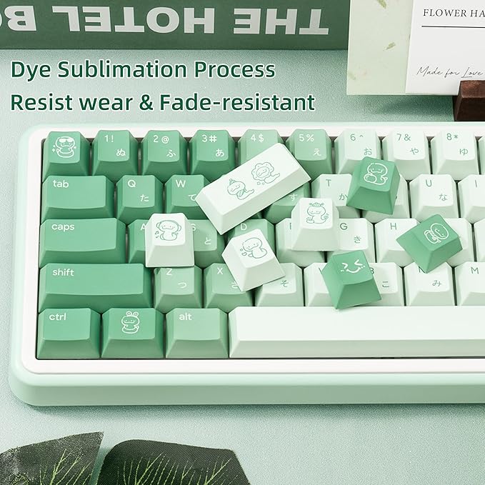 134 Keys Gradient Green PBT Keycaps - 5-Side Dye-Sublimation Cute Snake Elements, Japanese Root Characters, Cherry Profile Keycaps Set for Mechanical Keyboard (60/65/75/80/100 Layouts)