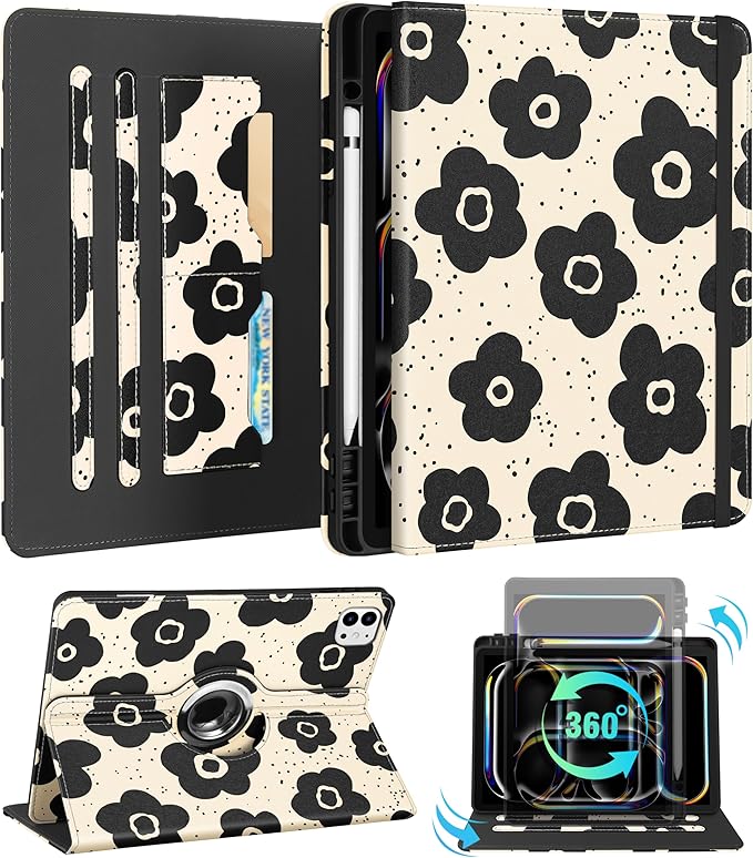 Kidcube for iPad Pro 13 Inch Case M4 2024 - Women Girls Cute Rotating Stand Folio Cover with Pencil Holder & Card Slot Black Floral Flowers Design for iPad Pro 13 Inch Case 2024 (A2925 A2926 A3007)