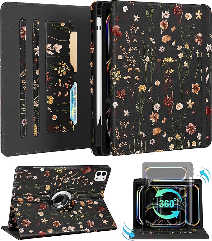 Kidcube for iPad Pro 11 Inch Case M4 2024 5th Generation - Women Girls Cute Rotating Stand Folio Cover with Pencil Holder & Card Slot Girly Flowers Floral Design for iPad Pro 11'' Case 2024 M4 5th Gen