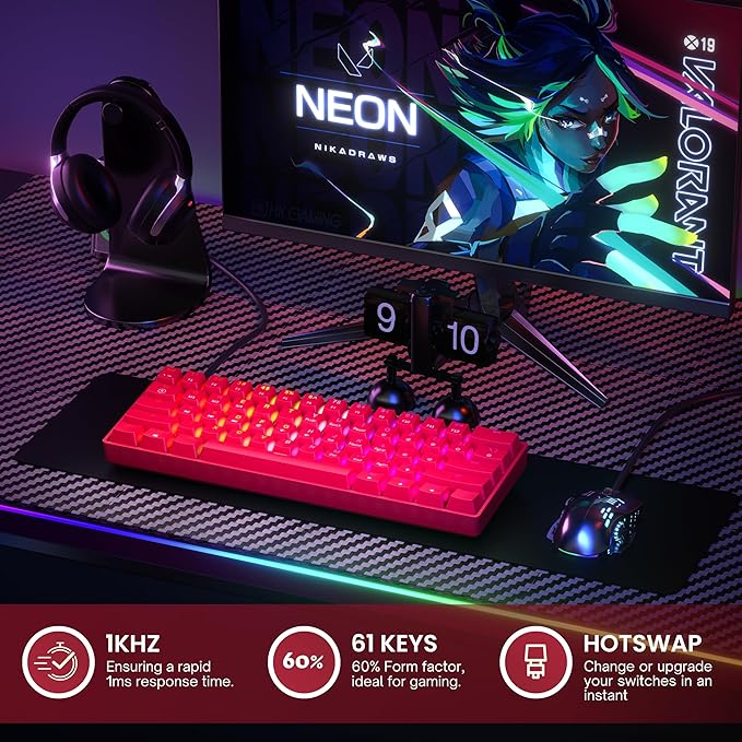 GK61 Mechanical Gaming Keyboard - 61 Keys Multi Color RGB Illuminated LED Backlit Wired Programmable for PC/Mac Gamer (Gateron Optical Silver, Red)