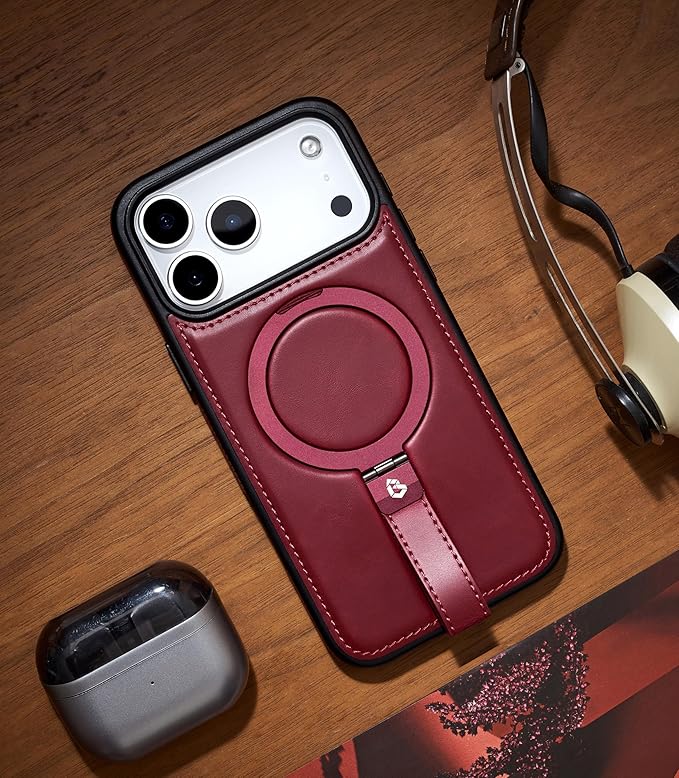 Butaiga for iPhone 17 Pro Max Leather Case with Stand, Anti-Slip Grip Ring, Fits for MagSafe (Burgundy, iPhone 17 Pro Max)