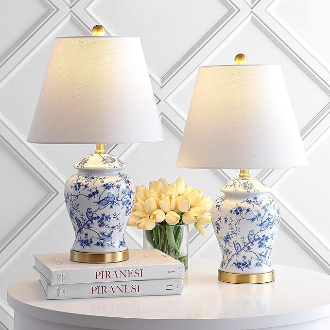 JONATHAN Y 22" Blue/White Ceramic Table Lamp, French Country Chinoiserie Ginger Jar LED Bedside Lamp for Living Room Bedroom, White Linen Shade (JYL3005A-SET2)