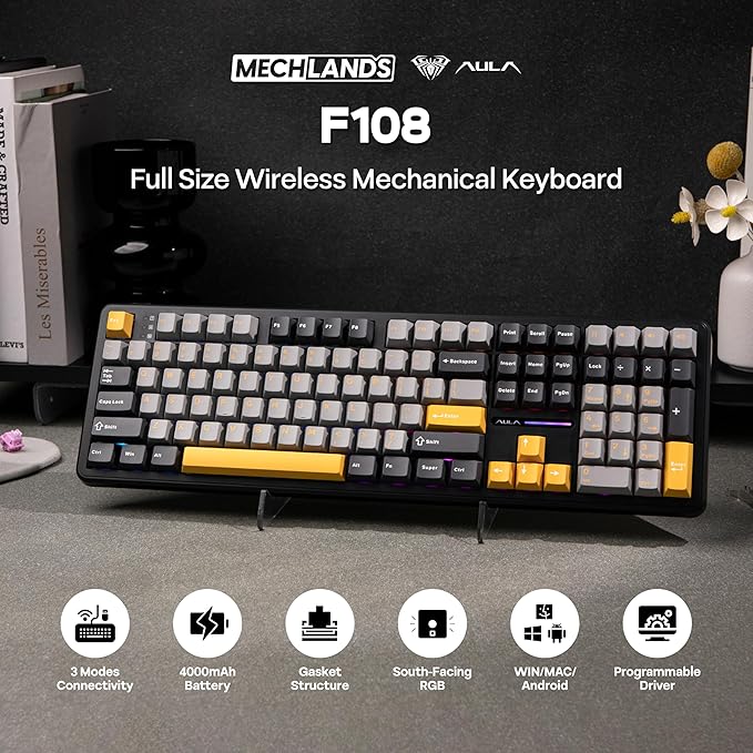 MechLands Aula F108 100% Wireless Gaming Keyboard, Full Size Custom Gasket Mechanical Keyboard, 4000mAh Battery, Programmable 108 Keys, Hot-Swappable, for Win/Mac (Grey&Yellow)