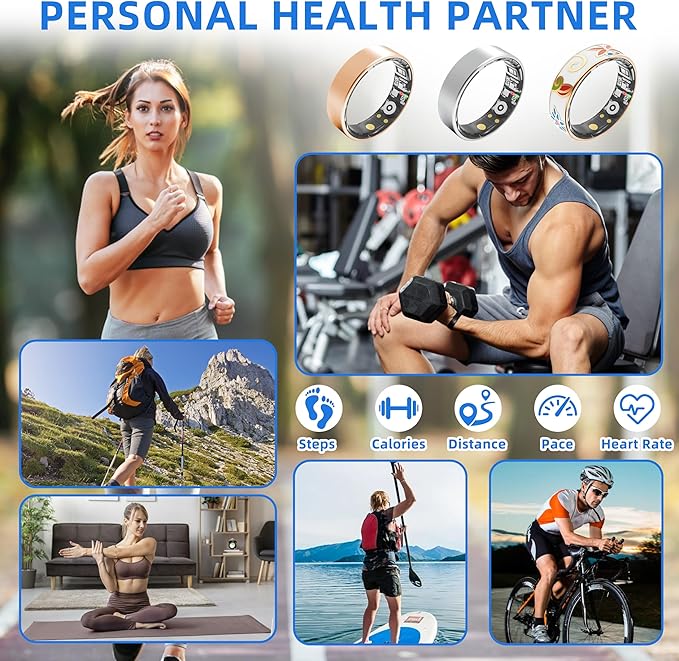 Smart Ring Health Tracking, Sleep Tracking, Heart Rate, Blood Oxygen, Blood Pressure，Fitness Ring, Activity Monitoring, 5 Days Battery, 5ATM Waterproof, No Subscription (Gold, 7#)