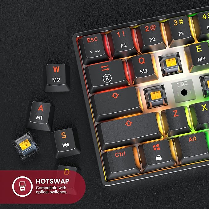 GK61 Mechanical Gaming Keyboard - 61 Keys Multi Color RGB Illuminated LED Backlit Wired Programmable for PC/Mac Gamer (Gateron Optical Black, Black)