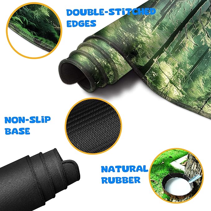 4-Piece Extended Large Mouse Pad Set for Women Men with Green Forest Design Includes 35.4 x 15.7 XXL Large Mouse Pad Keyboard Wrist Rest Mouse Wrist Support and Coaster for Office Home