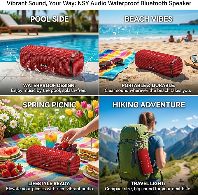 40W Bluetooth Shower Speaker, IPX7 Waterproof Floating Pool Speaker with Interactive Tap-to-Play Drum Beats, RGB Sync Lights, Built-in Mic for Hands-Free Calls, Red