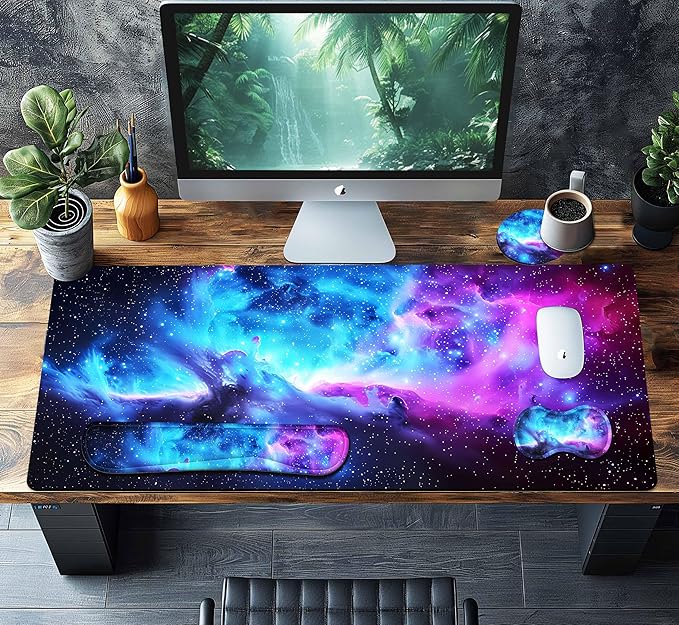4-Piece Extended Large Mouse Pad Set for Women Men with Galaxy Design Includes 35.4 x 15.7 XXL Large Mouse Pad Keyboard Wrist Rest Mouse Wrist Support and Coaster for Office Home