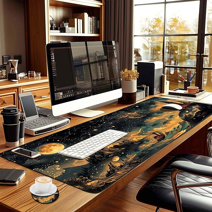 4-Piece Extended Large Mouse Pad Set for Women Men with Castle Night Design Includes 35.4 x 15.7 XXL Large Mouse Pad Keyboard Wrist Rest Mouse Wrist Support and Coaster for Office Home