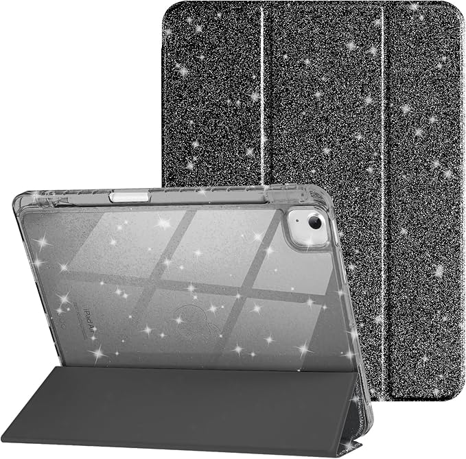 Case for iPad Air 13 Inch (M4/M3/M2, 2026/2025/2024) & iPad Pro 12.9 6/5th Gen (2022/2021), Glittering Sparkly Cover with Shiny Clear Back Shell, Trifold Stand Case with Pencil Holder, Black
