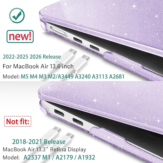May Chen Case for MacBook Air 13/13.6-inch (M5/M4/M3/M2, 2022-2026 Models A3449 A3240 A3113 A2681), Lightweight | Closes Seamlessly | Ideal for Work Hard Shell Case, Purple Glitter