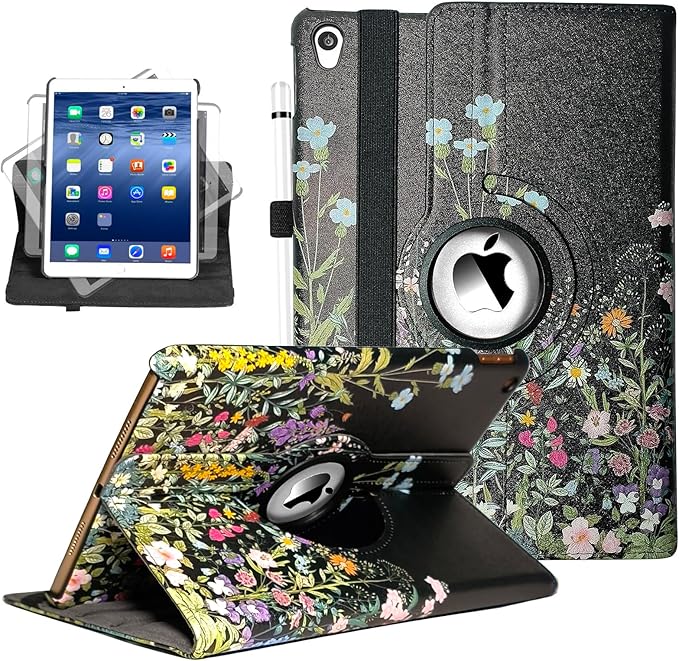 360 Rotating Stand Smart Case for iPad Air (3rd Gen) 10.5" & iPad Pro 10.5" - Auto Wake/Sleep Feature, Black Flowers