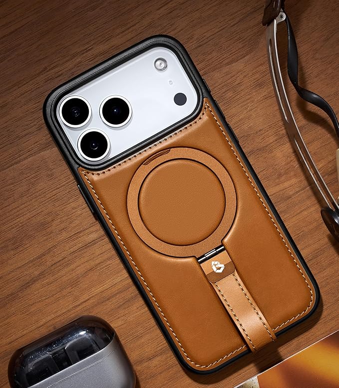 Butaiga for iPhone 17 Pro Leather Case with Stand, Anti-Slip Grip Ring, Fits for MagSafe (Brown, iPhone 17 Pro)