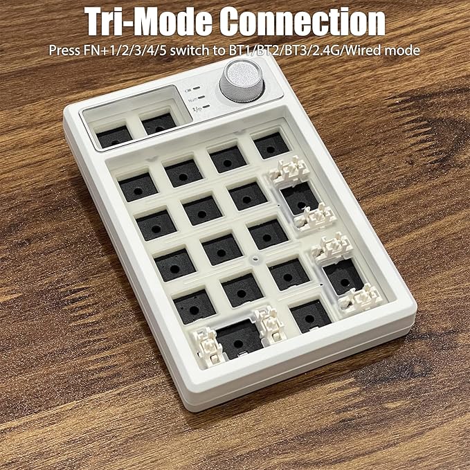 Wireless Mechanical Numpad Barebones Kit, Gasket Programmable Macro Numeric Keyboard DIY, 19-Key Custom Number Pad with Metal Volume Knob, Hot Swappable, RGB Backlit, NKRO for Win/Mac, White