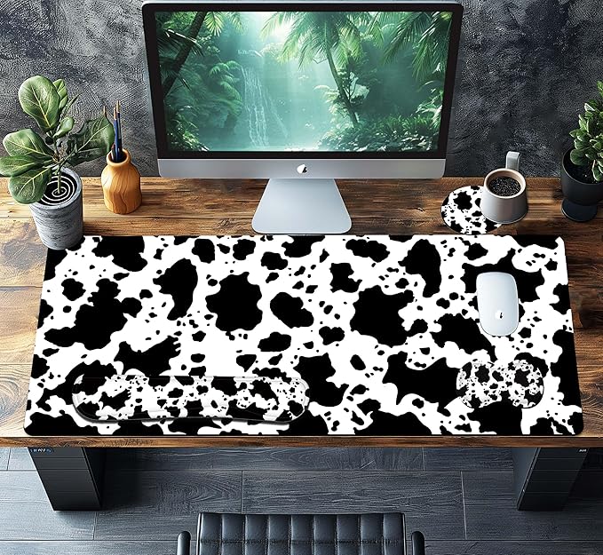 4-Piece Extended Large Mouse Pad Set for Women Men with Cow Print Design Includes 35.4 x 15.7 XXL Large Mouse Pad Keyboard Wrist Rest Mouse Wrist Support and Coaster for Office Home