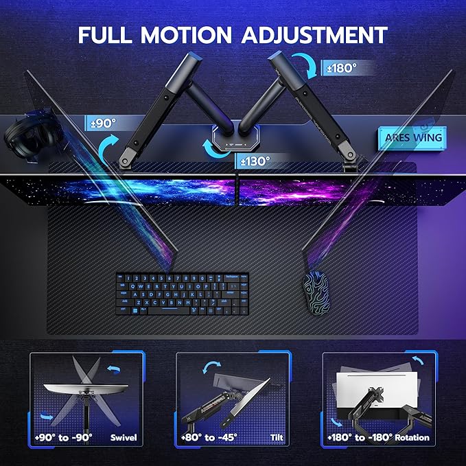 ARES WING Heavy Duty Dual Monitor Arm, Fully Adjustable Monitor Mount for 17-35 Inch Flat Curved Ultrawide Screens Up to 26.5lbs with USB A/C, C-Clamp & Grommet Base, 75/100 Vesa Mount, Black