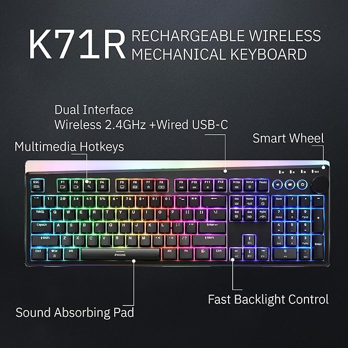 iRocks K71R Wireless RGB Mechanical Gaming Keyboard, Switches Brown,PBT 107 Keys NKRO,RGB Backlit,Pro Keyboard for Gaming and Work,Dual Interface Wireless & Wired, Windows Laptop PC Mac,Black